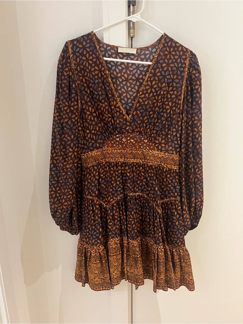 Ulla Johnson Brown and Rust Printed V-Neck Long Sleeve Mini Dress